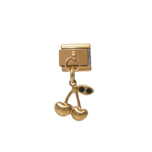 Charm modulare per bracciale italiano con ciondolo a ciliegia dorata e pietre verdi lucide