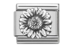Detailed macro view of a sunflower embossed stainless steel Italian charm module