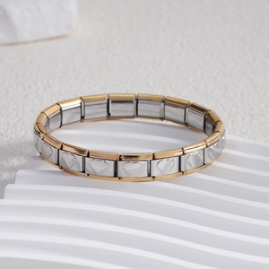 Italian charm bracelet with stainless steel heart links and two-tone gold edges