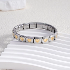 Italian style stainless steel modular link bracelet with gold heart charms in silver finish