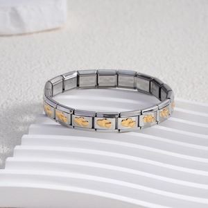 Italian charm bracelet with modular stainless steel links and golden double hearts