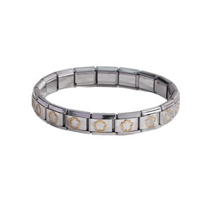 Bracelet italien modulaire avec motifs floraux dorés sur maillons en acier