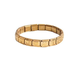 Bracciale modulare stile italiano in acciaio inossidabile dorato con cuori a rilievo
