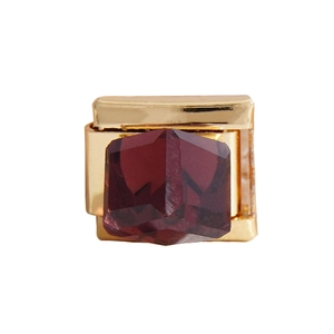 Italian charm link featuring a large faceted deep red gemstone set in a gold-plated base