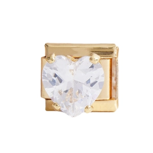 Italian charm link with gold-plated stainless steel base and heart-shaped clear zircon