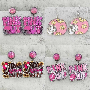 Pink Wood Rugby Earrings For Women Sports Day Helmet Pink Ribbon Drop Earrings Breast Cancer Awareness Rhinestone Jewelry