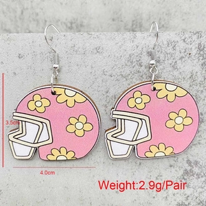 Pink football helmet wooden earrings with yellow floral design for game day gifts