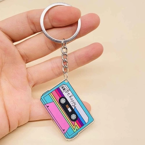 Retro acrylic keychain with colorful music cassette tape design and silver ring