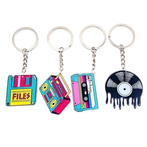 Retro music themed keychain set featuring acrylic vinyl records, cassettes and radio designs