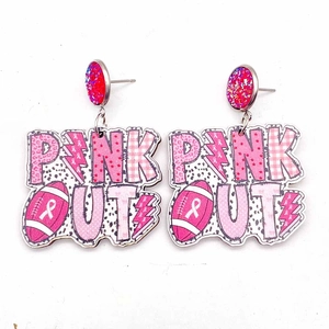 Pink Out football wooden earrings with heart and ribbon design for sports events