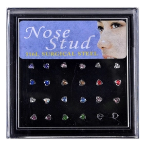 Lot de 24 clous de nez en acier chirurgical 316L en forme de cœur et cristaux colorés