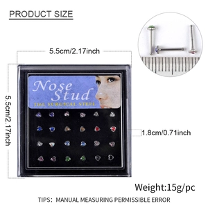 Lot de 24 piercings de nez en acier inoxydable avec cristaux colorés en boîte