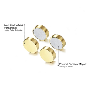 Detail of four-piece gold magnetic round stud earrings set with durable polished finish