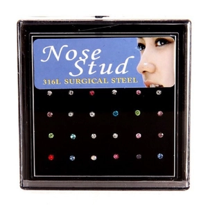 Set de 24 piezas piercings de nariz en acero quirúrgico 316L con strass de colores en caja
