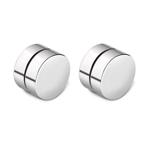 Polished silver magnetic stainless steel stud earrings in a minimalist cylindrical style