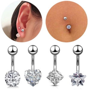 Bauchnabelpiercing Set aus Edelstahl mit Herz Stern und runden Zirkonia Anhängern