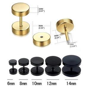 Pendientes de pesa en oro y negro acero inoxidable con dimensiones detalladas
