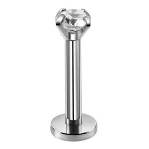 Polished stainless steel labret stud with a clear four-prong zircon on a white background