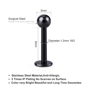 Piercing labbro nero in acciaio chirurgico 16G con sfera da 3mm e barra lunga 8mm di alta