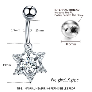 Piercing de ombligo de acero con colgante de estrella, circonita y rosca interna