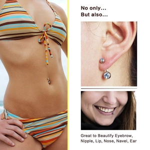 Macro detail of silver stainless steel piercing jewelry shown on ear, lip, and navel