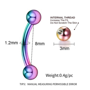Rainbow stainless steel curved barbell eyebrow ring with 1.2mm gauge and internal thread