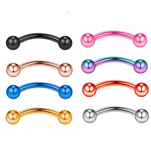Set of eight assorted colorful stainless steel curved barbell eyebrow rings in shiny metallic finish