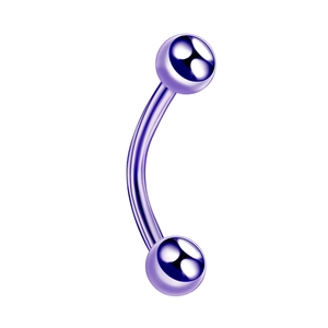 Close-up of curved purple stainless steel eyebrow piercing with smooth round ball ends