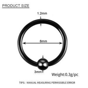 Anneau captif noir en acier inoxydable avec dimensions de 8mm de diamètre interne