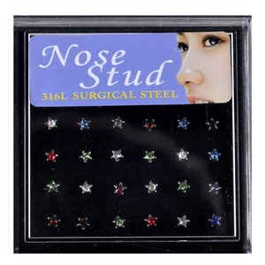 Détail de 24 piercings de nez en acier chirurgical 316L en forme d'étoile avec cristaux colorés
