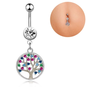 Polierter Bauchnabelpiercing Lebensbaum mit bunten Zirkonsteinen auf weißem Hintergrund