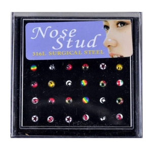 Lot de 24 piercings de nez en acier chirurgical 316L avec divers motifs graphiques colorés