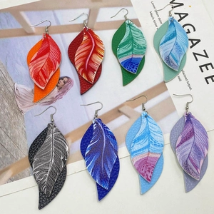 Détail de boucles d'oreilles en simili cuir en forme de feuille avec motif plume