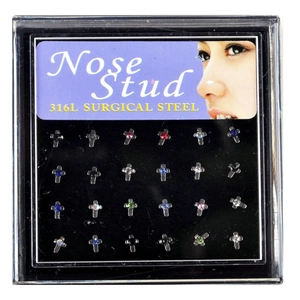 Lot de 24 piercings de nez en acier chirurgical avec motifs croix et cristaux colorés