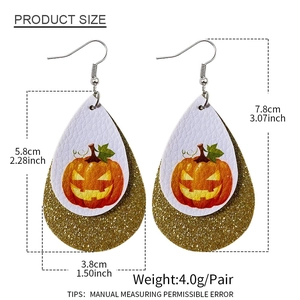 Halloween teardrop leather earrings with pumpkin print and gold sequins size details