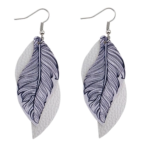 Détail de boucles d'oreilles plumes à double couche avec impression bleue sur cuir