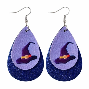 Detail of Halloween teardrop earrings with purple wizard hat print and blue glitter layers
