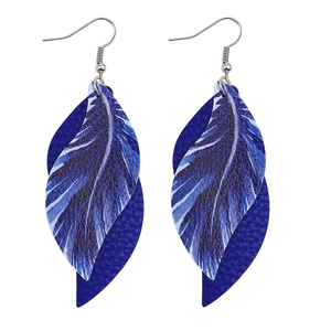 Vue détaillée des boucles d'oreilles en plumes S avec motif en cuir bleu texturé