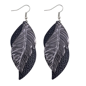 Détail de boucles d'oreilles en cuir double épaisseur avec plume et crochets argentés