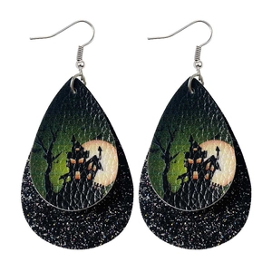 Detail of double-layer Halloween teardrop earrings with leather castle print and black glitter