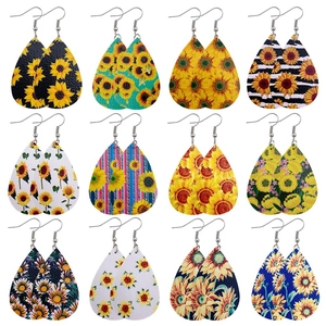 Sunflower Artificial Leather Drop Earrings For Women Fresh Daisy Printed Faux Leather Bohemian Handmade Earrings Jewelry