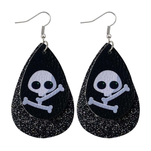 Detail of Halloween double-layer leather teardrop earrings with silver skull and crossbones