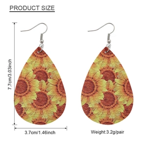 Faux leather teardrop sunflower earrings with retro floral pattern and silver hooks