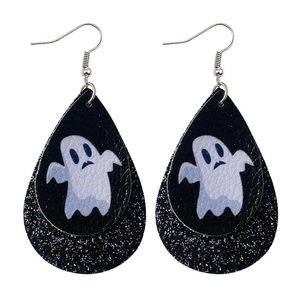 Detail of Halloween teardrop earrings with black glitter and ghost pattern leather