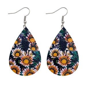 Macro detail of teardrop leather earrings featuring vibrant daisy and sunflower patterns