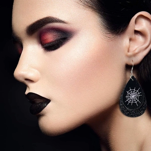Halloween Gothic double-layer black teardrop earrings with spider web pattern and sequins