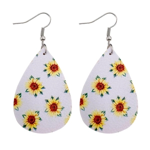 Detailed close-up of teardrop sunflower faux leather earrings with silver fish hooks