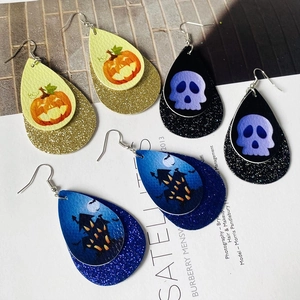 Three pairs of Halloween layered teardrop leather earrings with skull and pumpkin sequins
