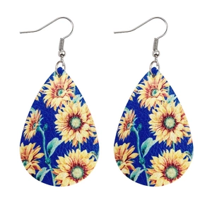 Detail of teardrop leather earrings featuring sunflower patterns with silver hooks