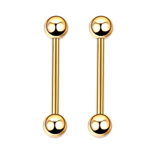 Détail macro du piercing barbell 19mm en acier inoxydable doré avec finition polie miroir